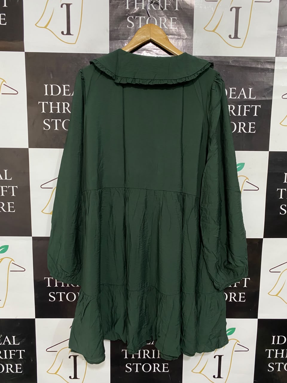 NEW LOOK |L| BUST 22| A22| DARK GREEN RUFFLE-COLLAR TIERED SMOCK DRESS | LONG-SLEEVE CASUAL MINI DRESS