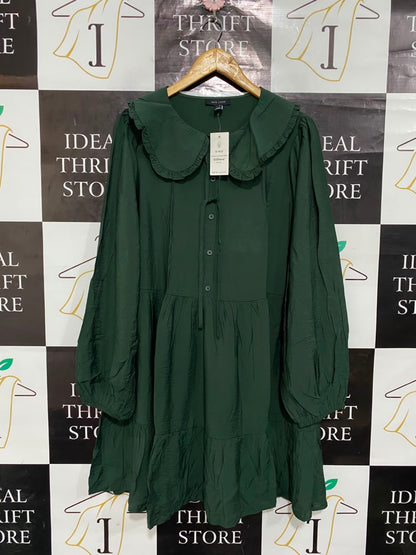 NEW LOOK |L| BUST 22| A22| DARK GREEN RUFFLE-COLLAR TIERED SMOCK DRESS | LONG-SLEEVE CASUAL MINI DRESS