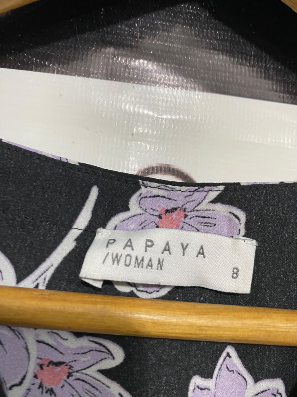 PAPAYA |S| BUST 19| A22| BLACK AND PURPLE FLORAL V-NECK PEPLUM BLOUSE | THREE-QUARTER SLEEVE CASUAL TOP