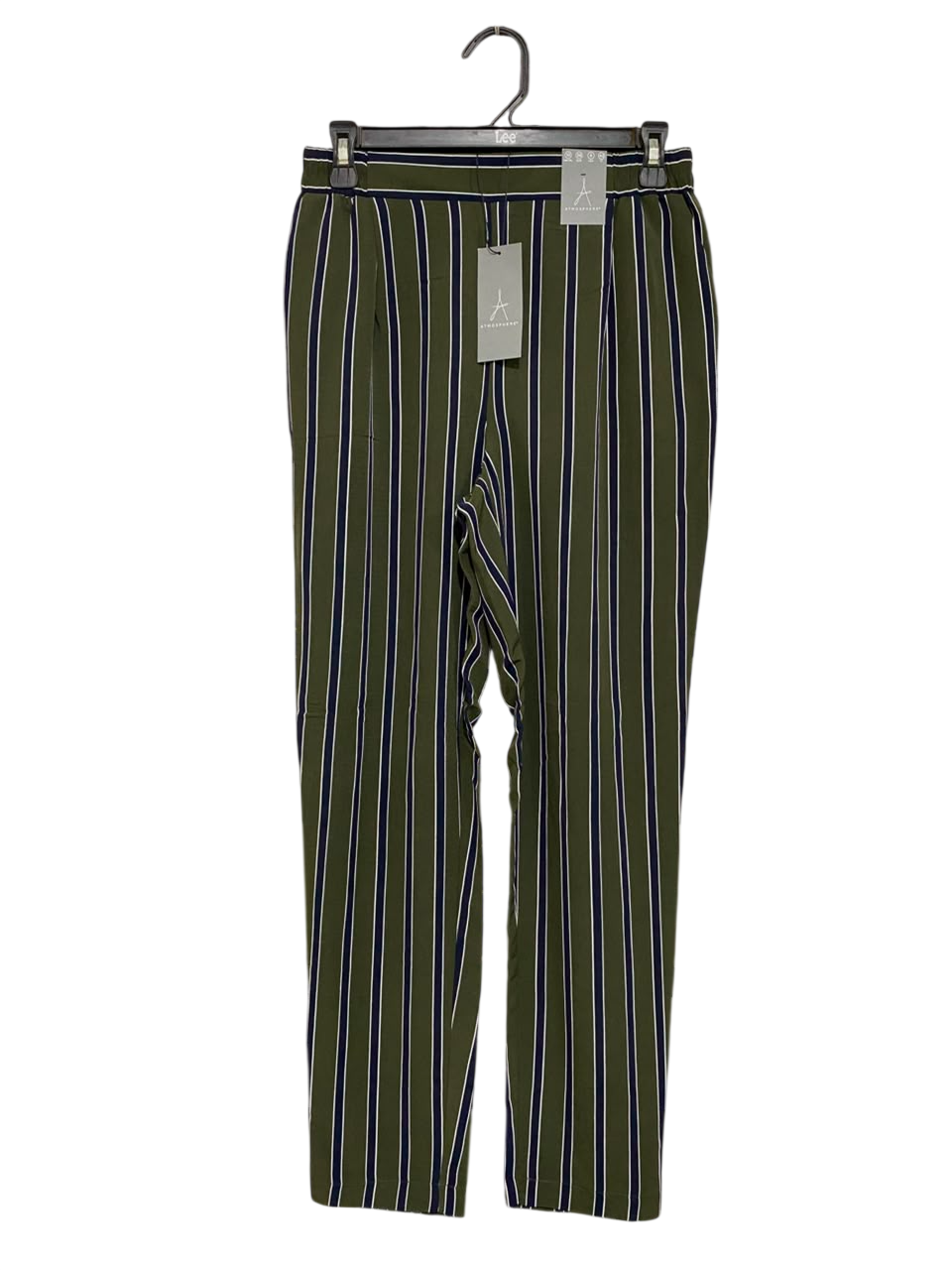 ATMOSPHERE |S| WAIST 26| A22| OLIVE GREEN AND STRIPED CASUAL TROUSERS | VERTICAL STRIPE ANKLE PANTS