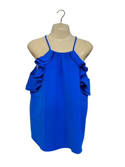 GEORGE |L| BUST 21| A22| ROYAL BLUE COLD-SHOULDER RUFFLE-TRIM CAMI TOP | ELEGANT STATEMENT BLOUSE