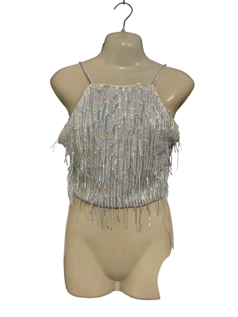 BERSHKA |M| BUST 16| A22| SILVER HOLOGRAPHIC SEQUIN FRINGE CROP TOP | GLAMOROUS PARTY CAMI