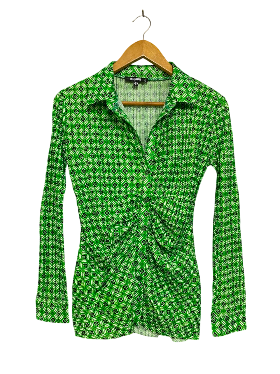 MISSGUIDED |S| BUST 17| A22| GREEN GEOMETRIC PRINT RUFFLED LONG-SLEEVE SHIRT | BUTTON-DOWN PEPLUM TOP