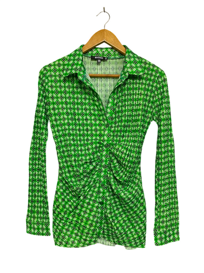 MISSGUIDED |S| BUST 17| A22| GREEN GEOMETRIC PRINT RUFFLED LONG-SLEEVE SHIRT | BUTTON-DOWN PEPLUM TOP
