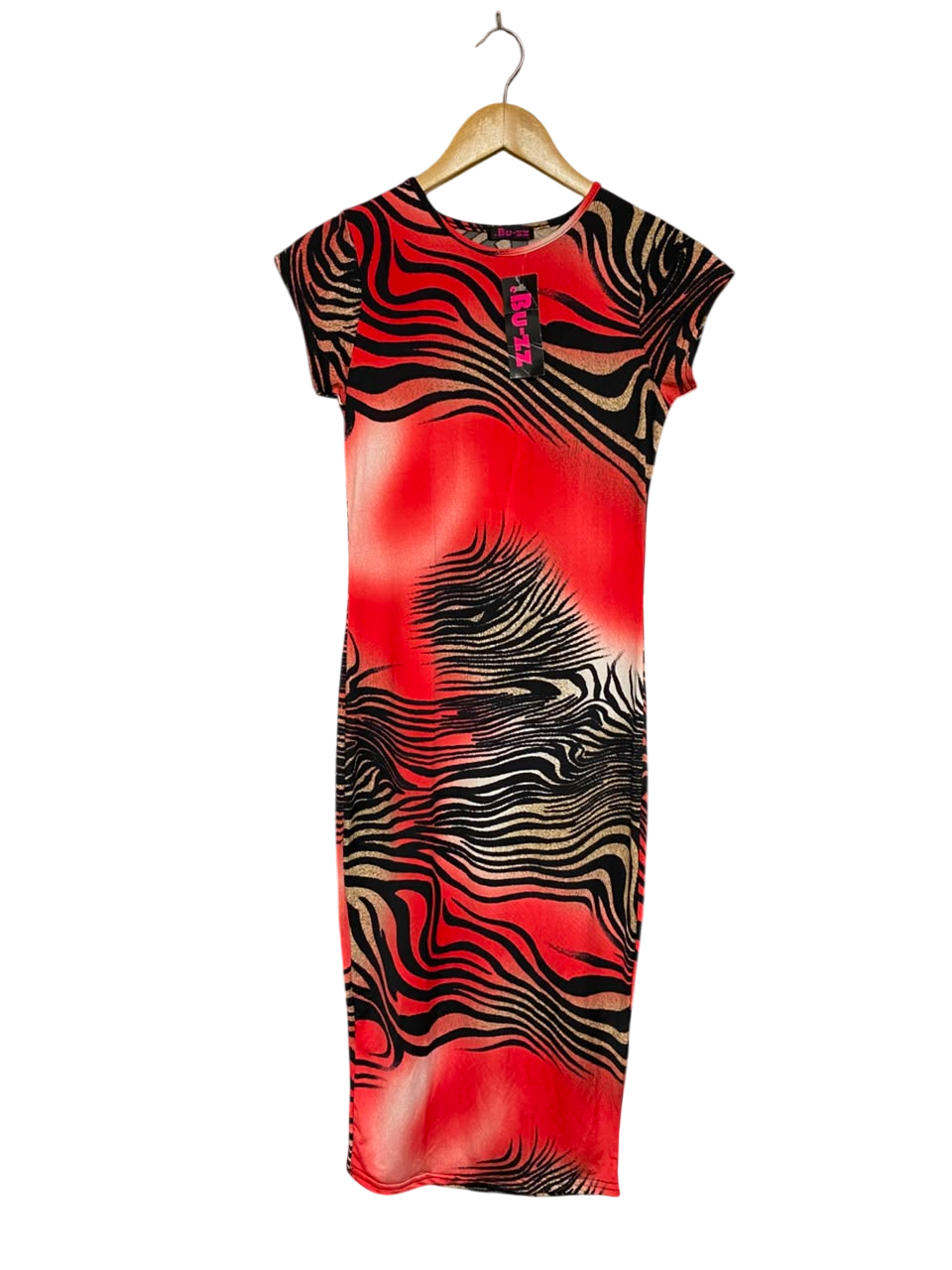 BU ZZ |S| BUST 14| A22| RED AND BLACK ABSTRACT ANIMAL PRINT CAP-SLEEVE MIDI DRESS | BOLD PARTY BODYCON DRESS