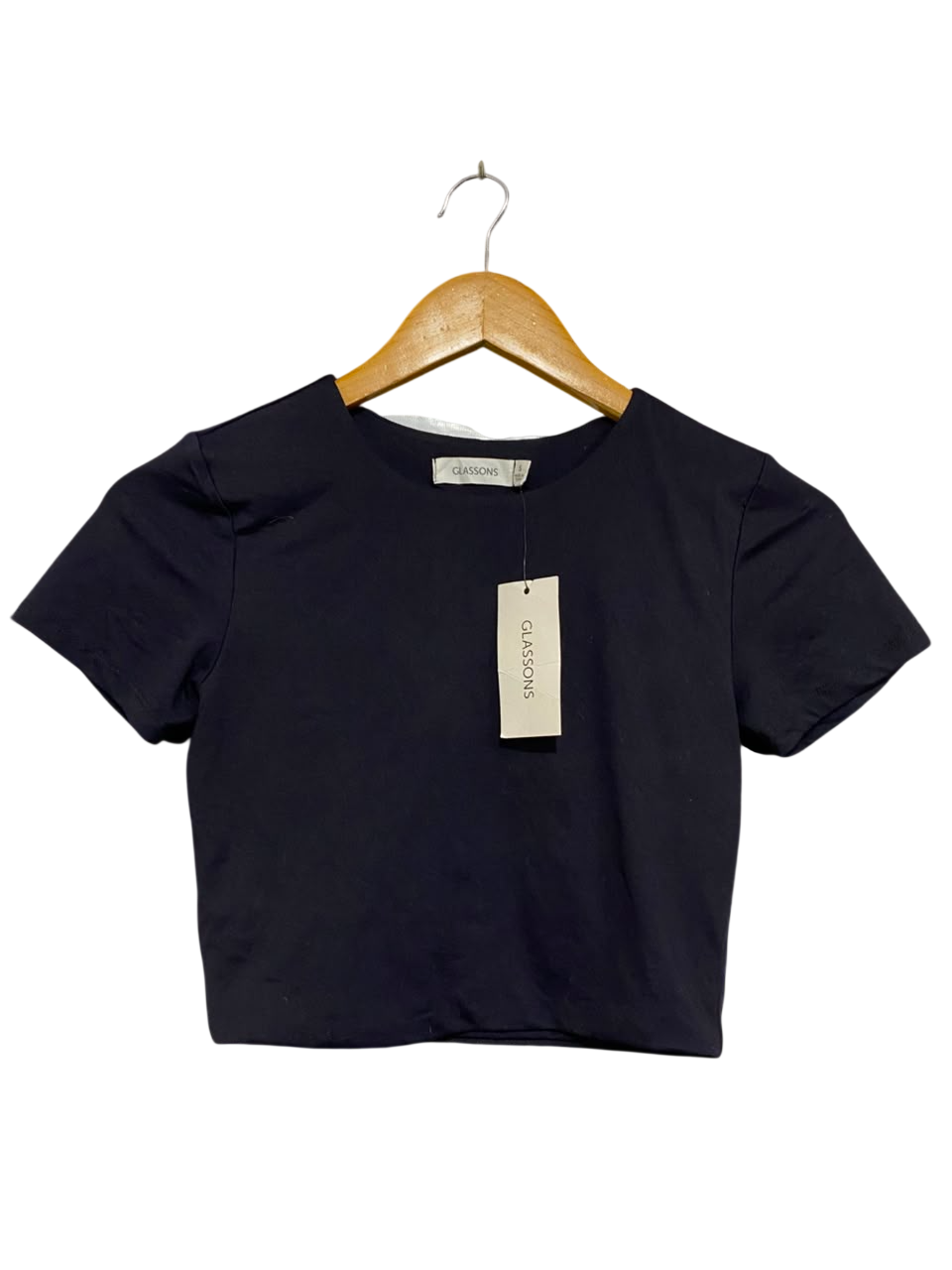 GLASSONS |S| BUST 13| A22| BLACK CREW NECK SHORT-SLEEVE CROP TOP | BASIC CASUAL TEE