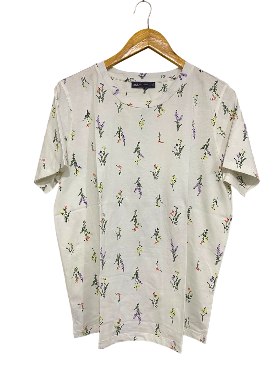 M&S |L| BUST 21| A22| WHITE MULTI-COLOR WILDFLOWER PRINT CREW NECK T-SHIRT | CASUAL SHORT-SLEEVE TOP
