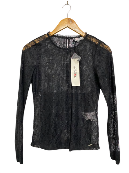 MORGAN |S| BUST 15| A22| BLACK SHEER LACE LONG-SLEEVE TOP | ELEGANT CREW NECK PARTY BLOUSE