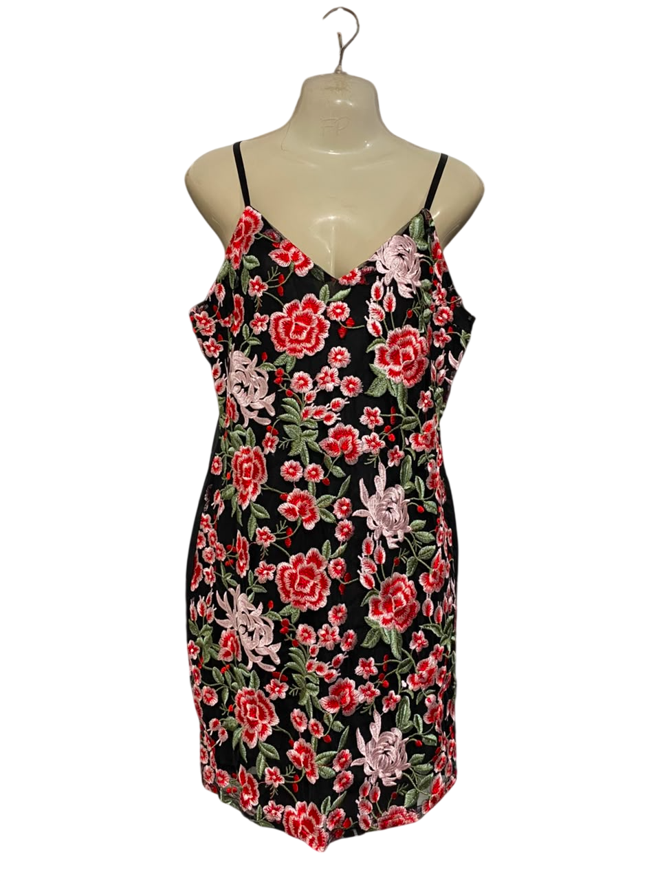 QUIZ |M| BUST 18| A23| BLACK AND RED FLORAL EMBROIDERED SLIP DRESS | V-NECK CAMI PARTY DRESS