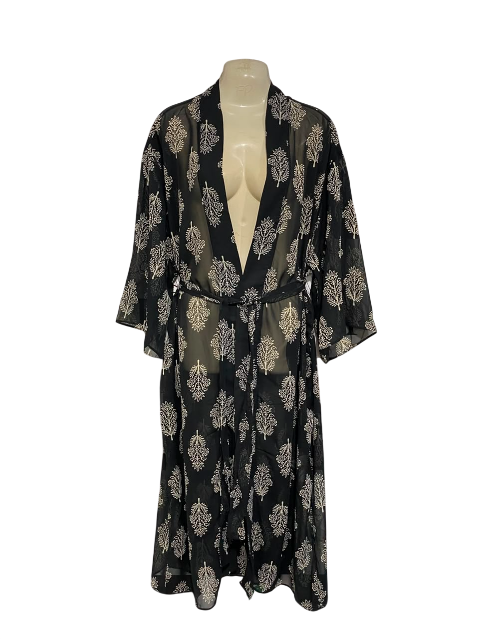 FAME |M/L| BUST 22| A23| BLACK AND BEIGE BLOCK-PRINTED CHIFFON KIMONO ROBE | OPEN-FRONT TIE-WAIST OVERLAY