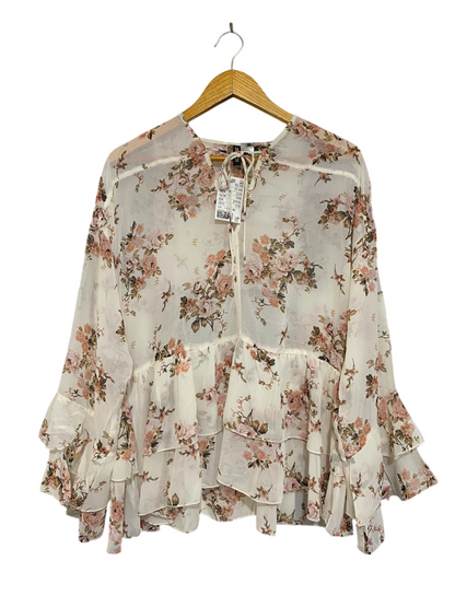 H&M |M| BUST 21| A23| CREAM AND PINK FLORAL TIE-NECK TIERED RUFFLE LONG-SLEEVE BLOUSE | BOHO PEPLUM TOP