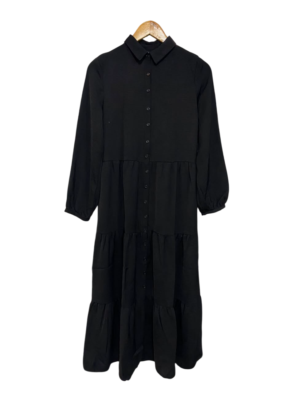 NEW LOOK |S| BUST 16| A23| CLASSIC BLACK COLLARED TIERED SHIRT DRESS | LONG-SLEEVE MIDI DRESS
