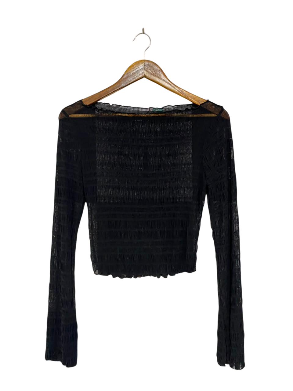 |S| BUST 14| A23| BLACK SHEER MESH SMOCKED LONG-SLEEVE CROP TOP | LETTUCE-EDGE PARTY TOP