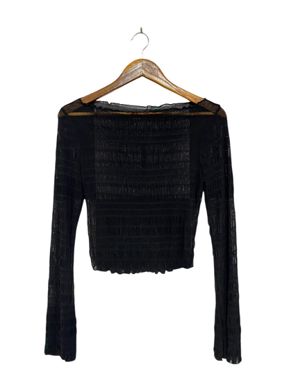 |S| BUST 14| A23| BLACK SHEER MESH SMOCKED LONG-SLEEVE CROP TOP | LETTUCE-EDGE PARTY TOP