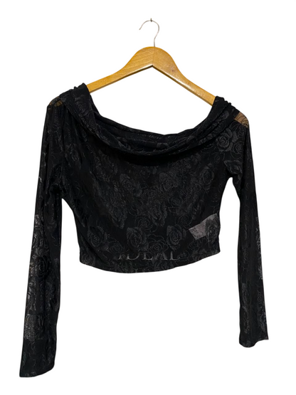 MUSERA |S| BUST 17| A23| BLACK OFF-SHOULDER ROSE JACQUARD LONG-SLEEVE CROP TOP