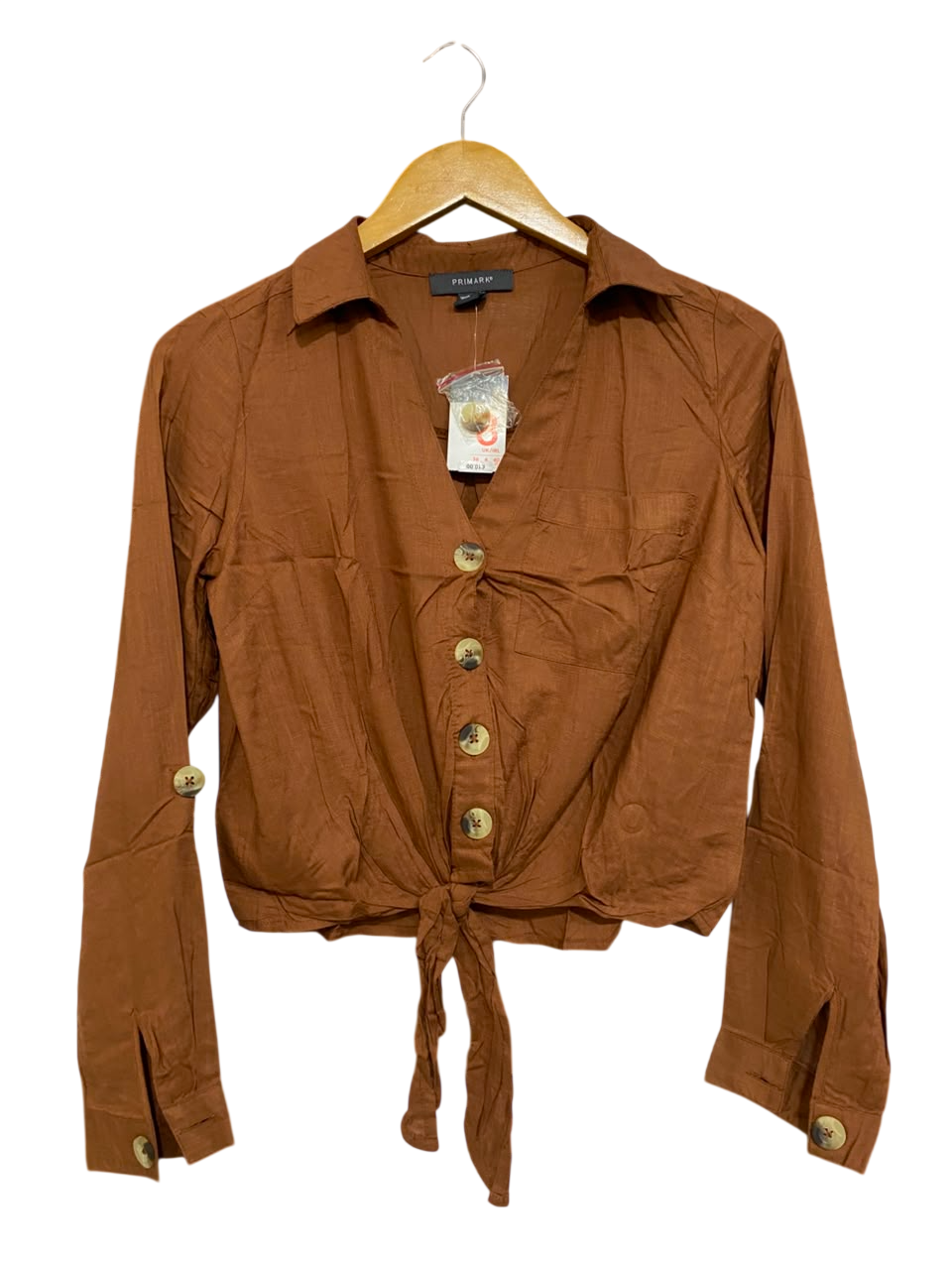 PRIMARK |S| BUST 19| A23| RUST BROWN BUTTON-UP TIE-FRONT LONG-SLEEVE CROP SHIRT