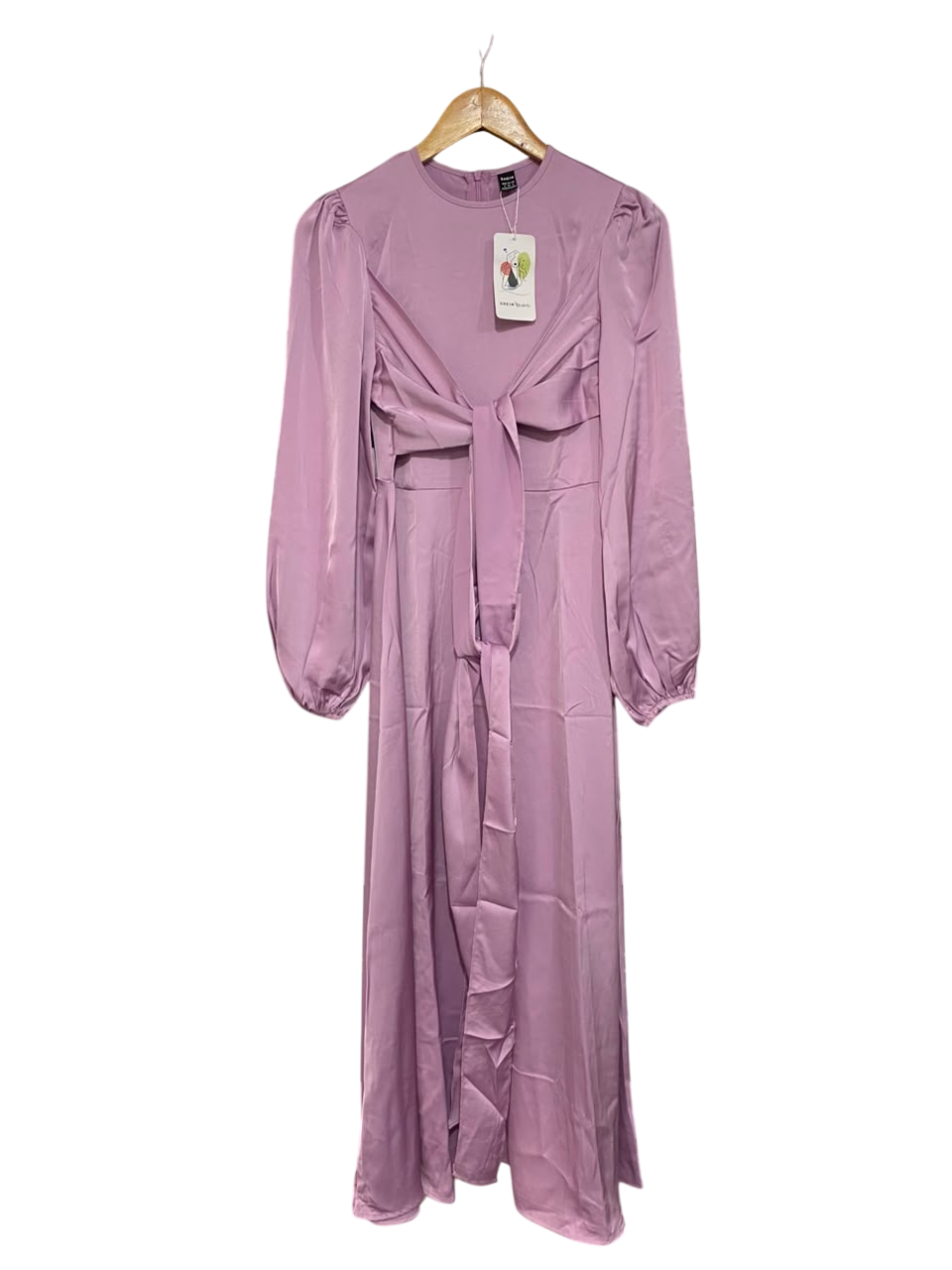 SHEIN |S| BUST 15| A23| MAUVE PINK SATIN KNOT-FRONT LONG-SLEEVE MIDI DRESS
