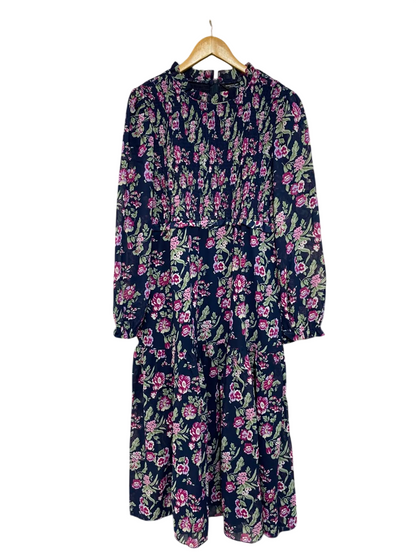 DOROTHY PERKINS |L| BUST 19| A23| NAVY BLUE AND MAGENTA FLORAL SMOCKED HIGH-NECK MIDI DRESS