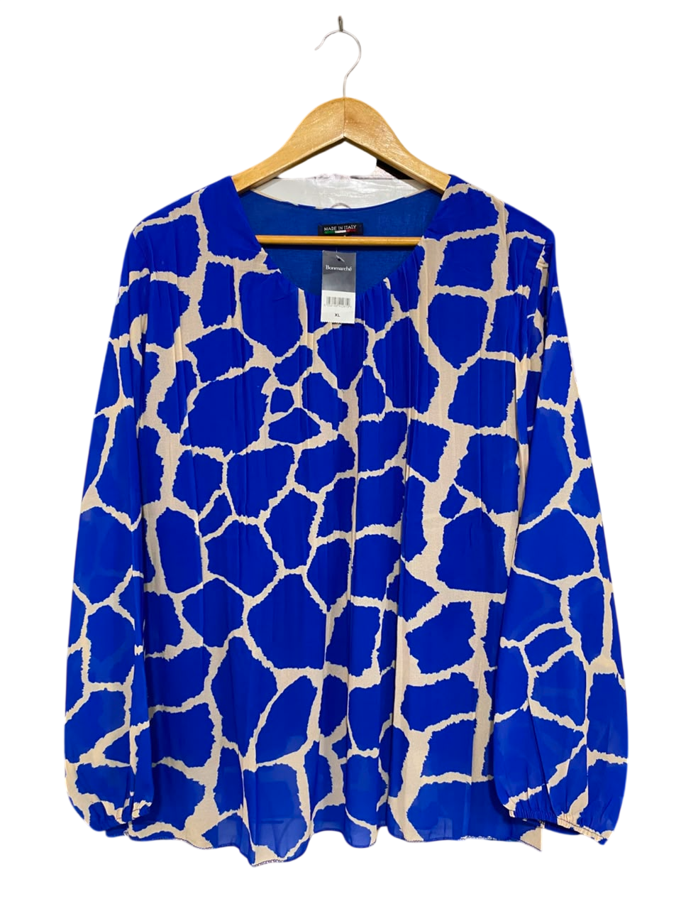 BONMARCHE |XL| BUST 21| A23| ROYAL BLUE AND CREAM GIRAFFE ANIMAL PRINT PLEATED BLOUSE | LONG-SLEEVE CASUAL TOP