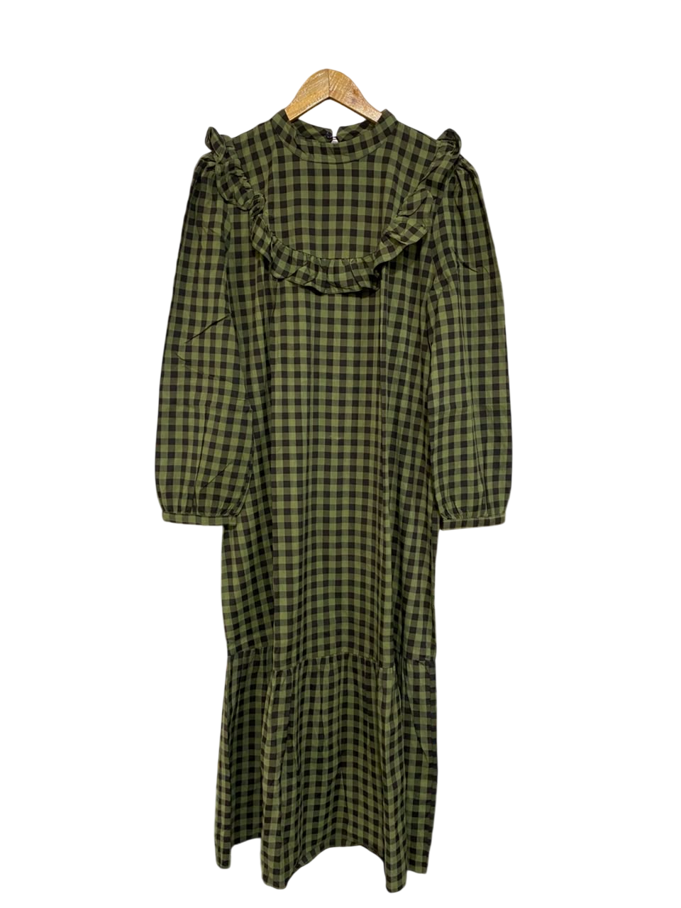 NEW LOOK |L| BUST 22| A23| OLIVE GREEN AND BLACK GINGHAM RUFFLE-TRIM MIDI DRESS | LONG-SLEEVE PLAID CASUAL DRESS