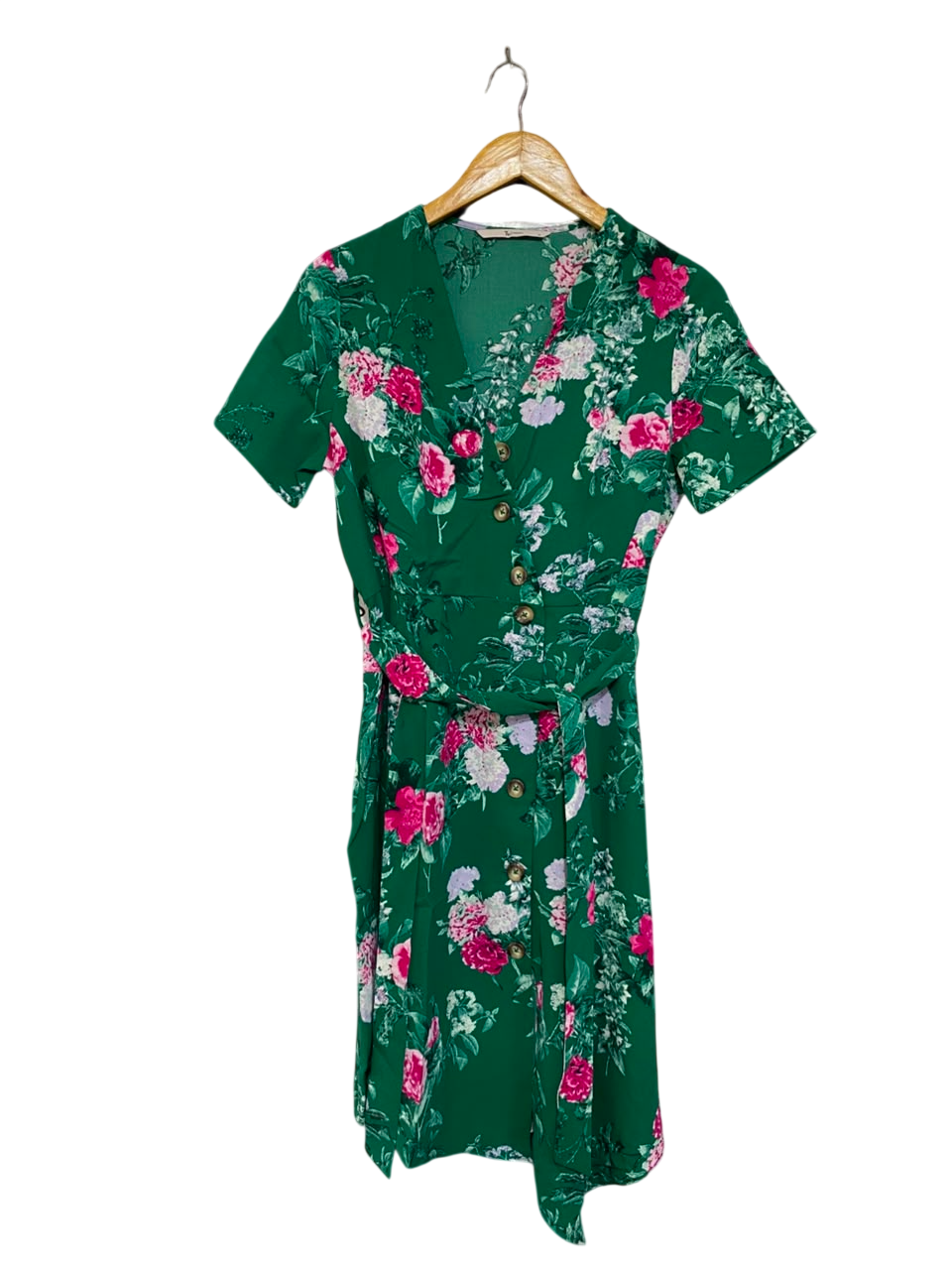 TU WOMAN |M| BUST 18| A23| GREEN AND PINK FLORAL V-NECK TIE-WAIST SHORT-SLEEVE MIDI DRESS | ELEGANT CASUAL DRESS