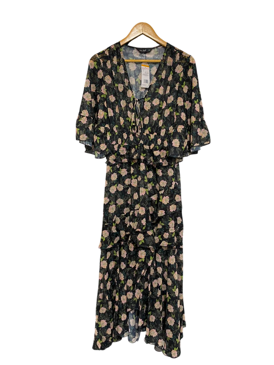 F&F |M| BUST 17| A23| BLACK AND PINK FLORAL V-NECK RUFFLE TIERED MIDI DRESS