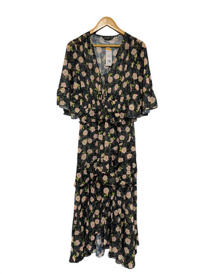 F&F |M| BUST 17| A23| BLACK AND PINK FLORAL V-NECK RUFFLE TIERED MIDI DRESS