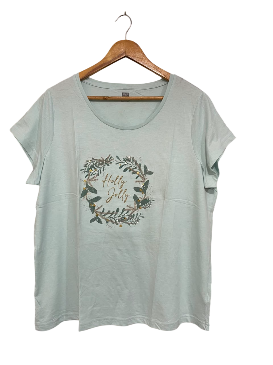 F&F |L| BUST 22| A23| MINT GREEN "HOLLY JOLLY" WREATH GRAPHIC T-SHIRT | CASUAL HOLIDAY SHORT-SLEEVE TOP