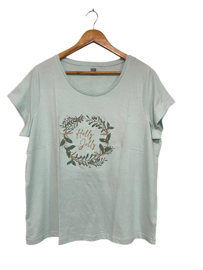 F&F |L| BUST 22| A23| MINT GREEN "HOLLY JOLLY" WREATH GRAPHIC T-SHIRT | CASUAL HOLIDAY SHORT-SLEEVE TOP