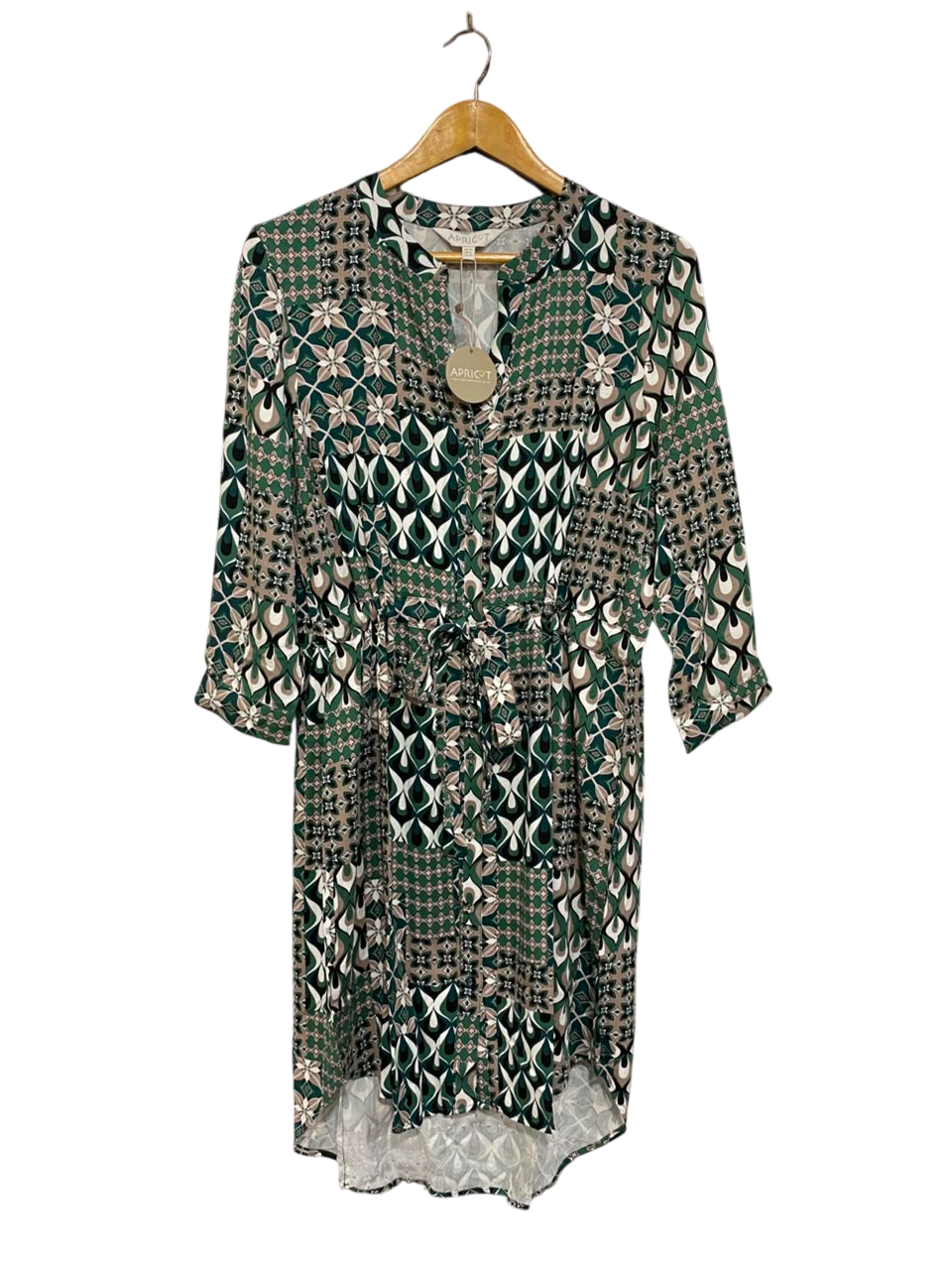 APRICOT |L| BUST 20| A23| GREEN AND BROWN GEOMETRIC PATTERNED TIE-WAIST SHIRT DRESS
