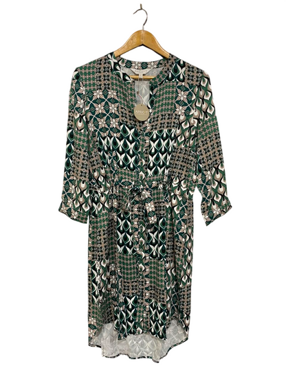 APRICOT |L| BUST 20| A23| GREEN AND BROWN GEOMETRIC PATTERNED TIE-WAIST SHIRT DRESS