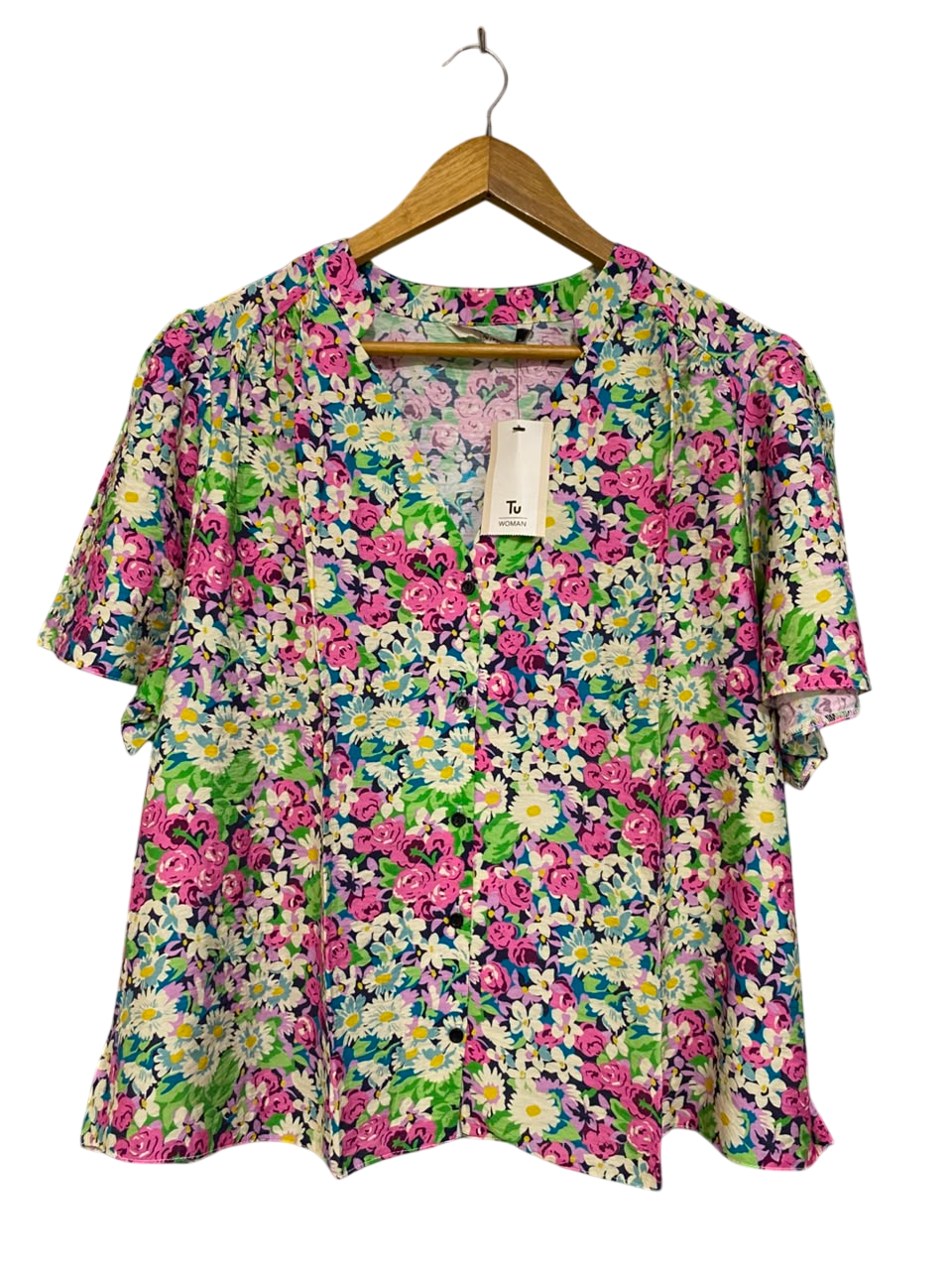TU WOMAN |XL| BUST 25| A23| MULTICOLOR FLORAL V-NECK SHORT-SLEEVE BLOUSE | VIBRANT CASUAL SUMMER TOP