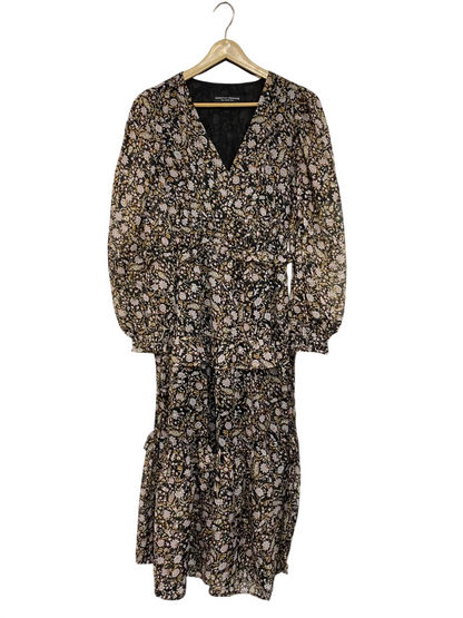 DOROTHY PERKINS |M| BUST 17| A23| BLACK AND MULTICOLOR FLORAL V-NECK TIERED MIDI DRESS | LONG-SLEEVE RUFFLE DRESS