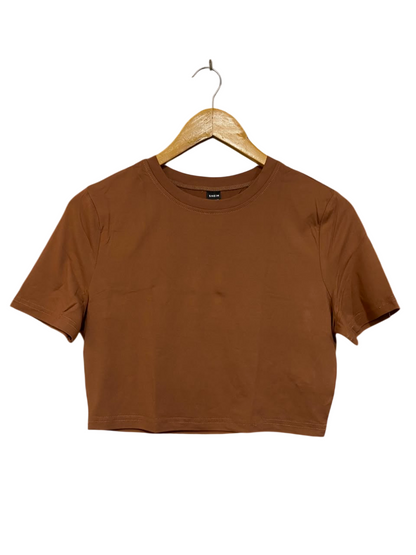 SHEIN |L| BUST 17| A23| BROWN CREW NECK SHORT-SLEEVE CROP TOP | BASIC CASUAL T-SHIRT