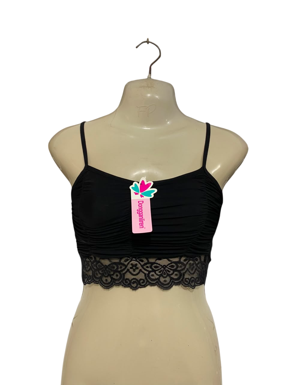 DONGGANLIREN |XS| BUST 11| A23| BLACK RUFFLED LACE-TRIM CROP BRALETTE | SPAGHETTI STRAP COMFORT TOP