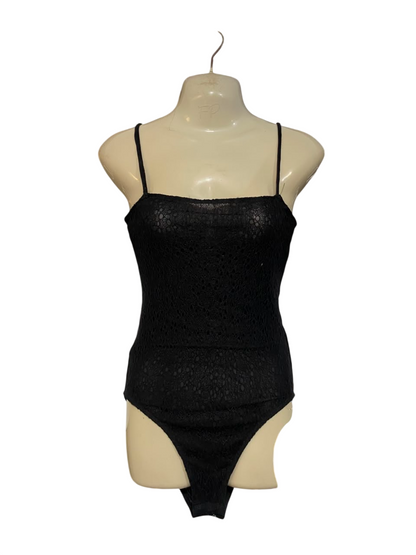 BARDOT |XS| BUST 15| A23| BLACK LACE SPAGHETTI STRAP BODYSUIT | ELEGANT SLEEVELESS LAYERED CAMI TOP