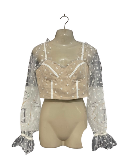 RUNWAY |M| BUST 16| A23| NUDE AND WHITE POLKA DOT MESH CORSET CROP TOP