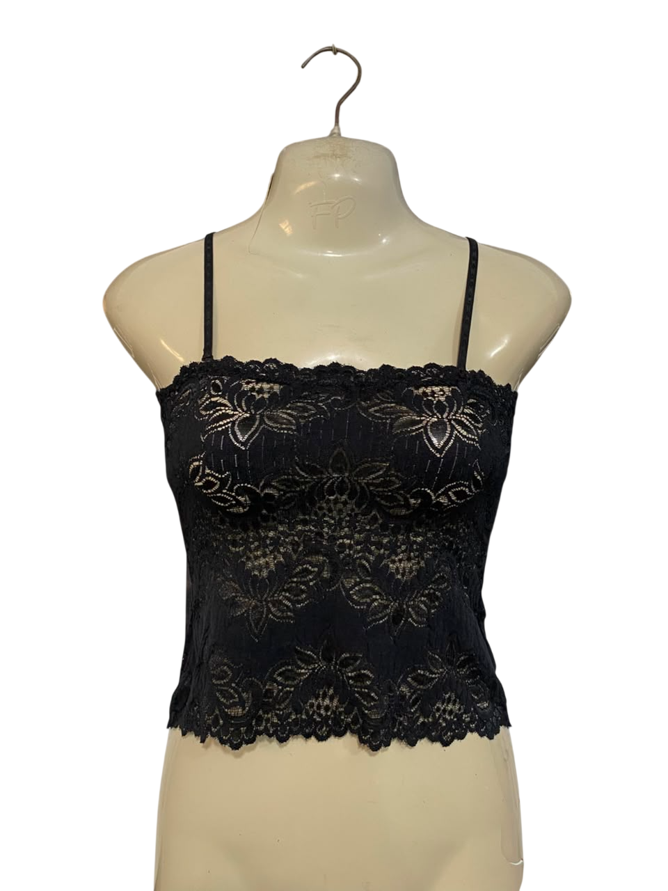 J C BEST |S| BUST 15| A23| BLACK LACE FLORAL CAMI CROP TOP