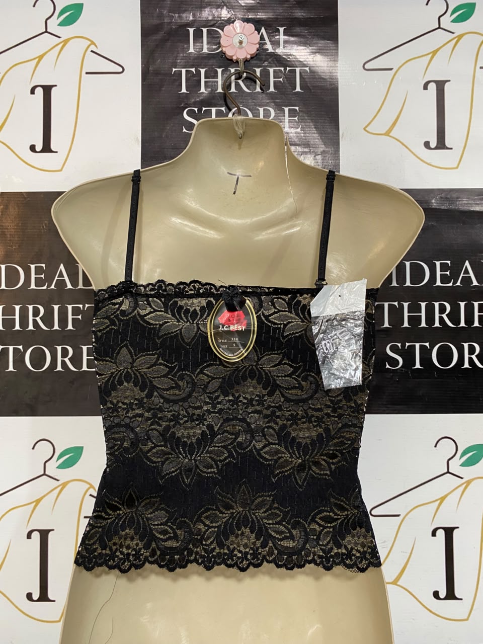 J C BEST |S| BUST 15| A23| BLACK LACE FLORAL CAMI CROP TOP