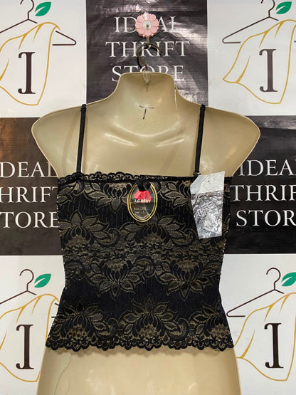 J C BEST |S| BUST 15| A23| BLACK LACE FLORAL CAMI CROP TOP