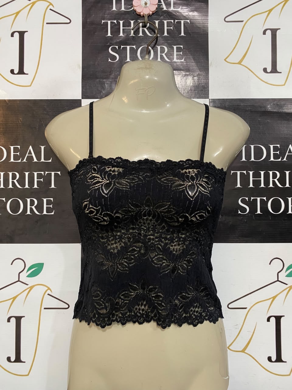 J C BEST |S| BUST 15| A23| BLACK LACE FLORAL CAMI CROP TOP