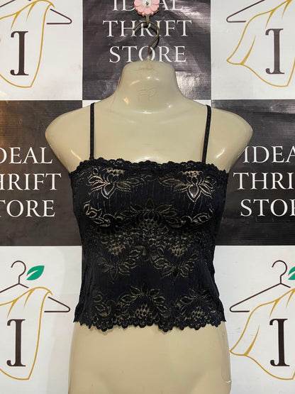 J C BEST |S| BUST 15| A23| BLACK LACE FLORAL CAMI CROP TOP