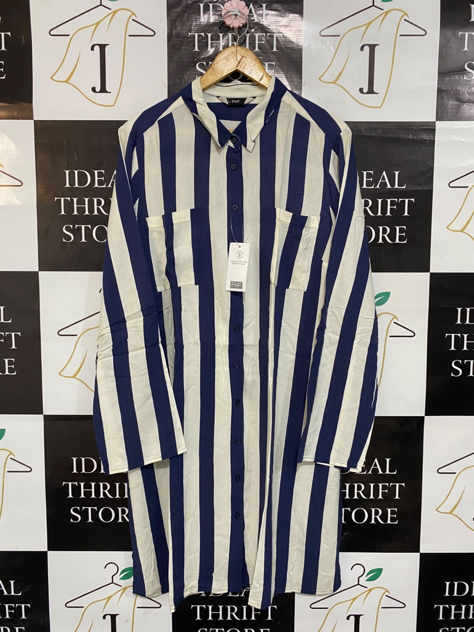 F&F |XL| BUST 22| A23| NAVY BLUE & WHITE STRIPED LONG-SLEEVE SHIRT DRESS