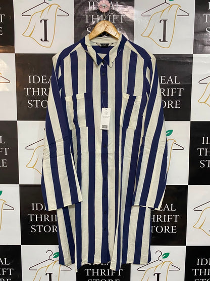 F&F |XL| BUST 22| A23| NAVY BLUE & WHITE STRIPED LONG-SLEEVE SHIRT DRESS