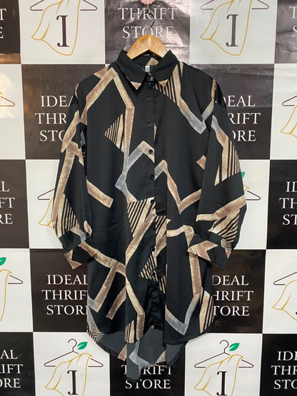 |XL| BUST 22| A23| BLACK GEOMETRIC PRINT OVERSIZED BUTTON-DOWN SHIRT