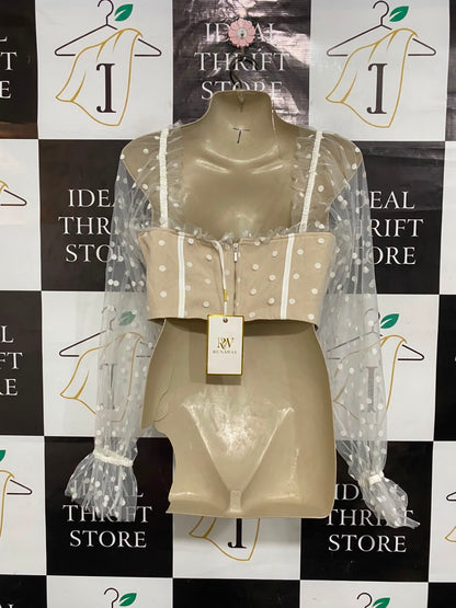 RUNWAY |M| BUST 16| A23| NUDE AND WHITE POLKA DOT MESH CORSET CROP TOP