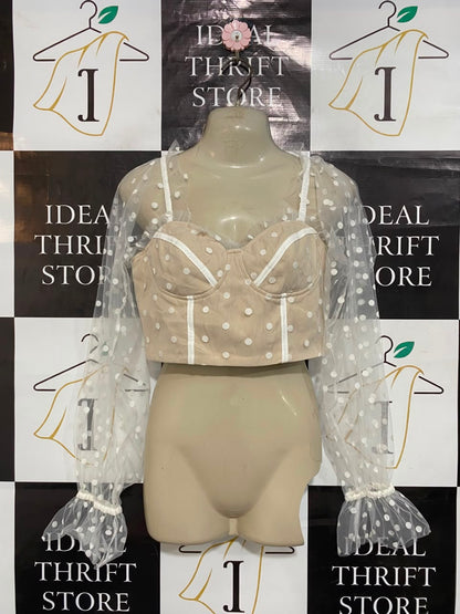 RUNWAY |M| BUST 16| A23| NUDE AND WHITE POLKA DOT MESH CORSET CROP TOP