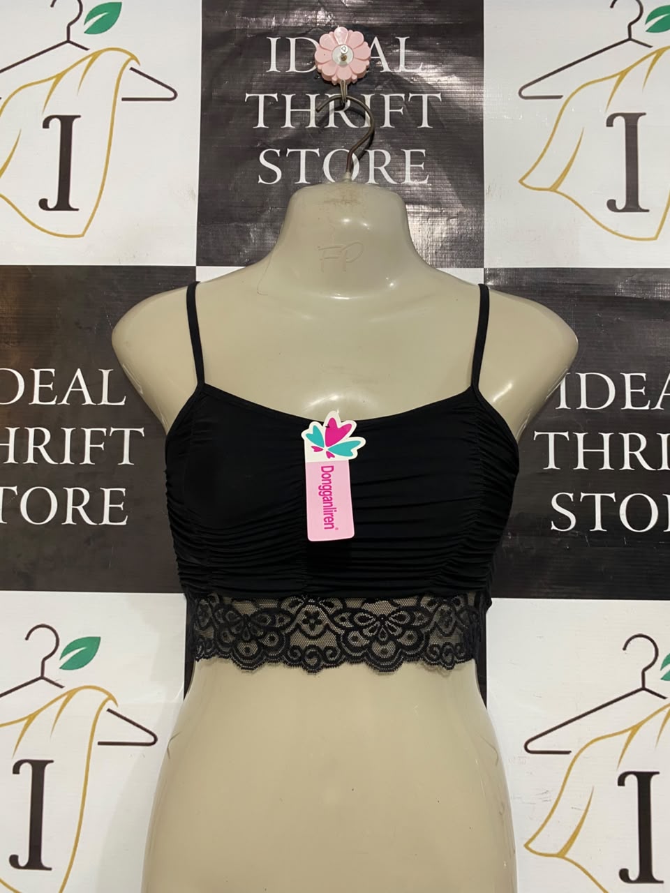 DONGGANLIREN |XS| BUST 11| A23| BLACK RUFFLED LACE-TRIM CROP BRALETTE | SPAGHETTI STRAP COMFORT TOP