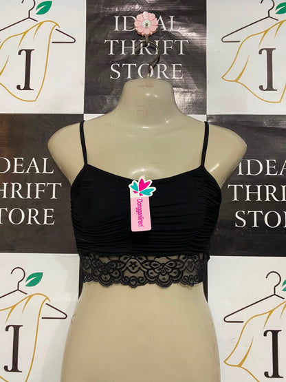 DONGGANLIREN |XS| BUST 11| A23| BLACK RUFFLED LACE-TRIM CROP BRALETTE | SPAGHETTI STRAP COMFORT TOP