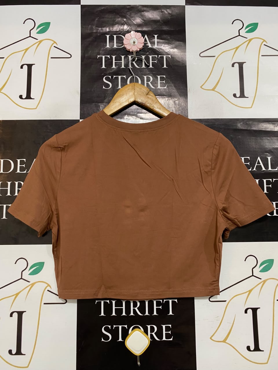 SHEIN |L| BUST 17| A23| BROWN CREW NECK SHORT-SLEEVE CROP TOP | BASIC CASUAL T-SHIRT